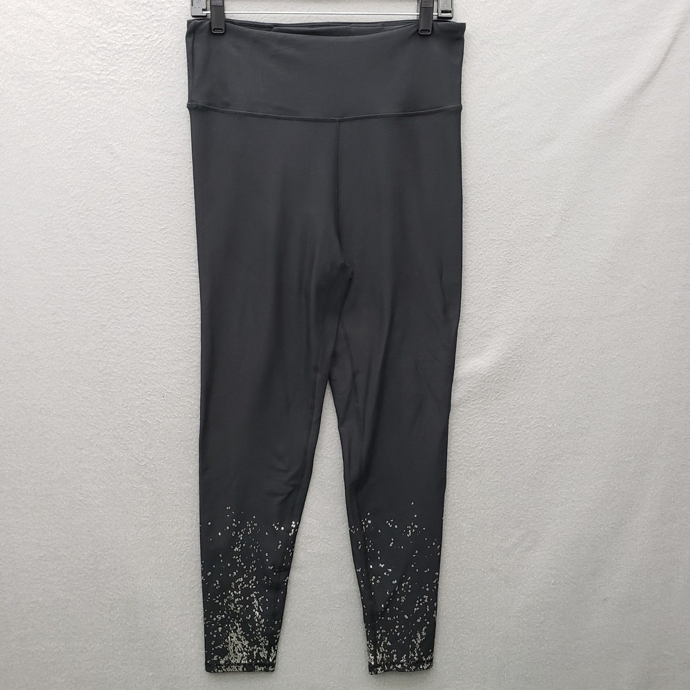 Marika High Rise Activewear Leggings Black Silver Foil Sequin Print Bottom L
